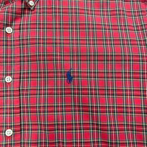 Preowned Polo Ralph Lauren Men’s Red Green Plaid Button Down Shirt Blue Logo L